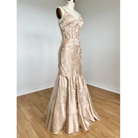 Sz 6//Small Vintage Y2K Sue Wong Nude Champagne Beaded Formal Wedding Prom  Dress